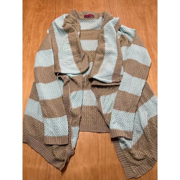 Say What? Sweaters - Demanding By Say What Blue And‎ Tan Stripe Cardigan Knit Sweater Medium